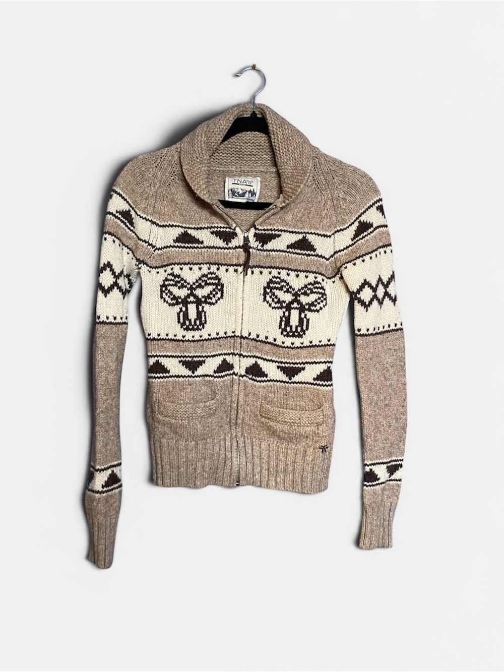 TNA Shawl Collar Zip Cardigan in Beige and Cream